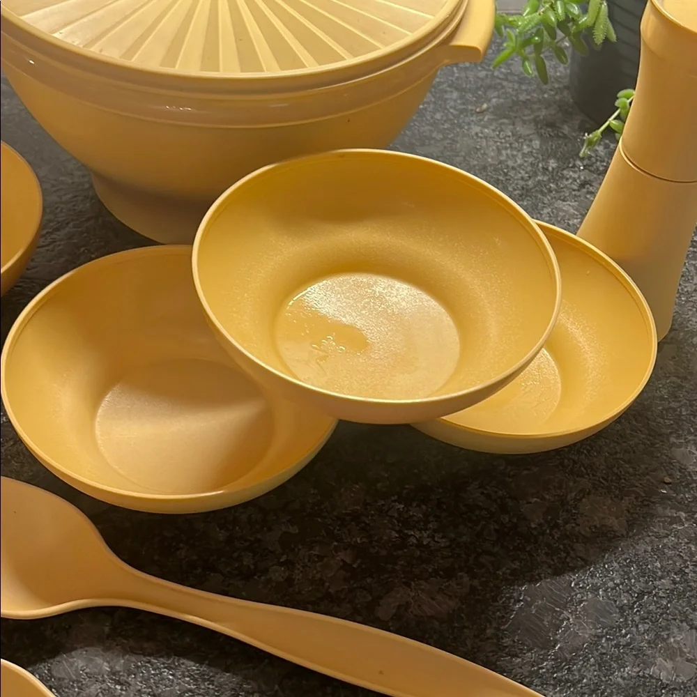 Vintage Tupperware Servalier Salad bowl, 6 bowls, Serving Utensils, & cruet